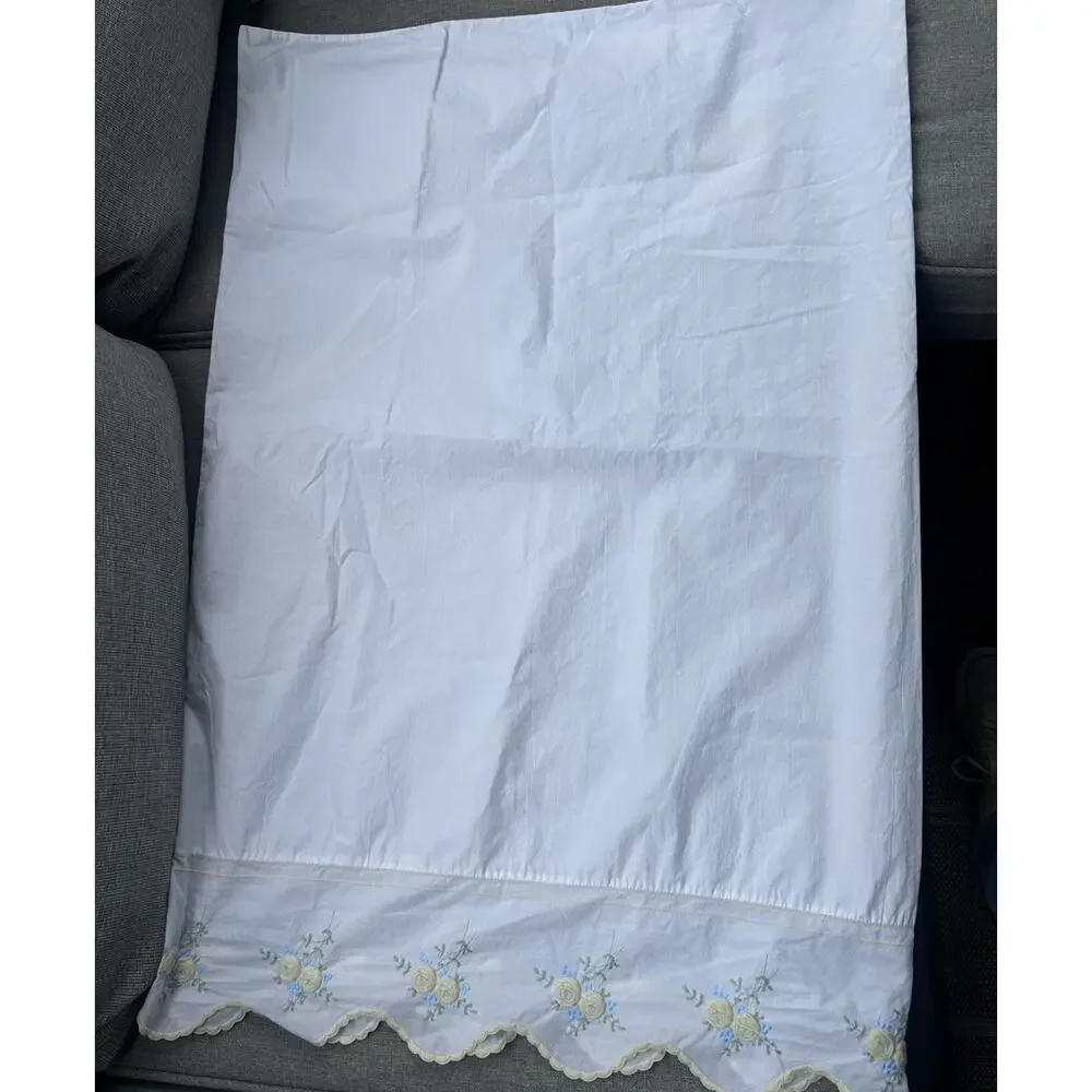 Vintage Hand Embroidered White Yellow Cotton Pillow Cover 31x22